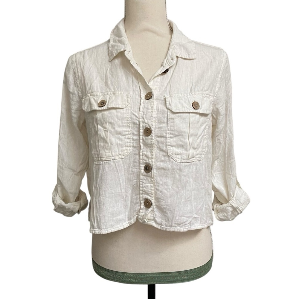 American Eagle Linen Blend Cropped Utility Shirt Jacket White Button Front XS - Picture 2 of 14